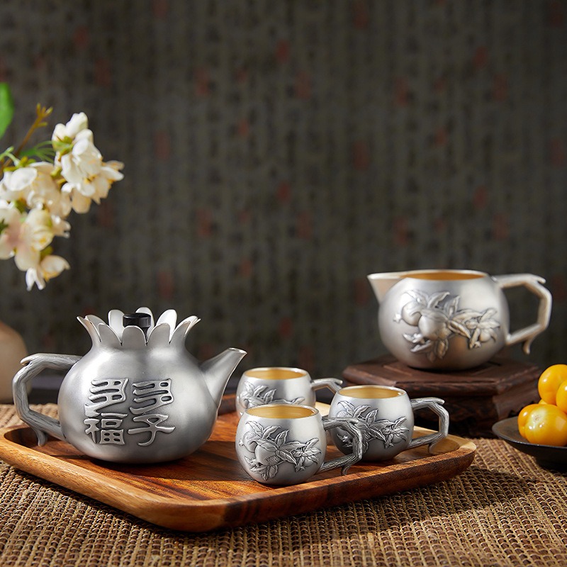 多子多福 纯银999功夫茶具整套装 家用泡茶茶壶茶杯高端茶具礼品