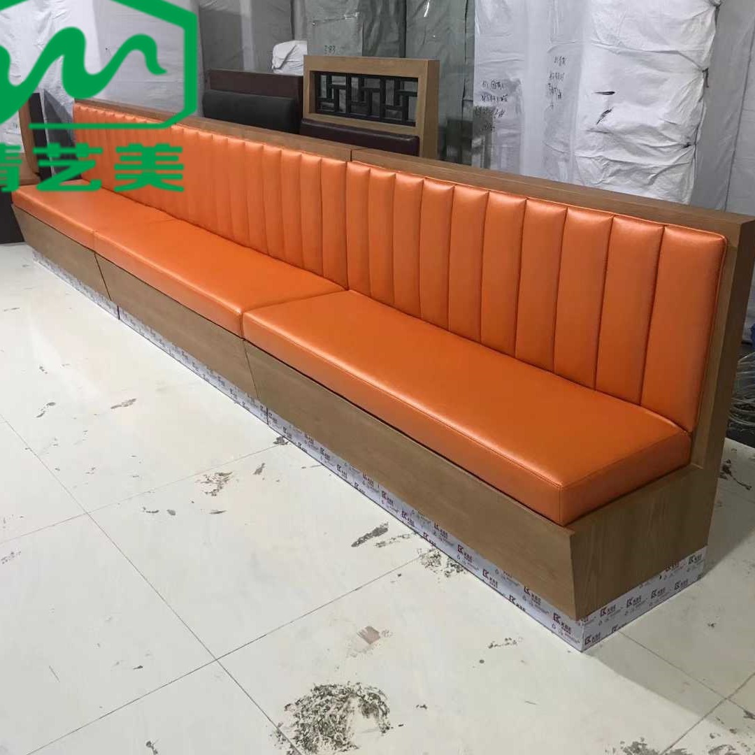 浙江2021新式创意皮质卡座沙发 欧式咖啡厅铁艺软包沙发 中式餐厅连锁店靠墙多人卡座沙发带抽屉实木软包沙发精艺美家具厂家
