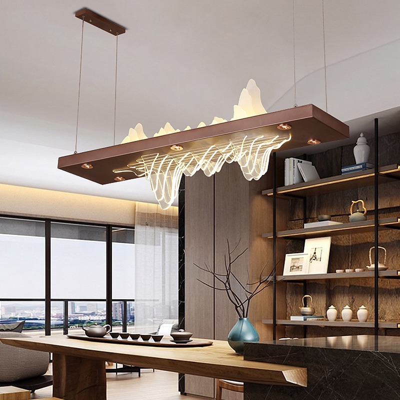 新中式茶室灯 长方形山水茶桌灯具设计师店铺前台禅意餐厅吧台吊灯