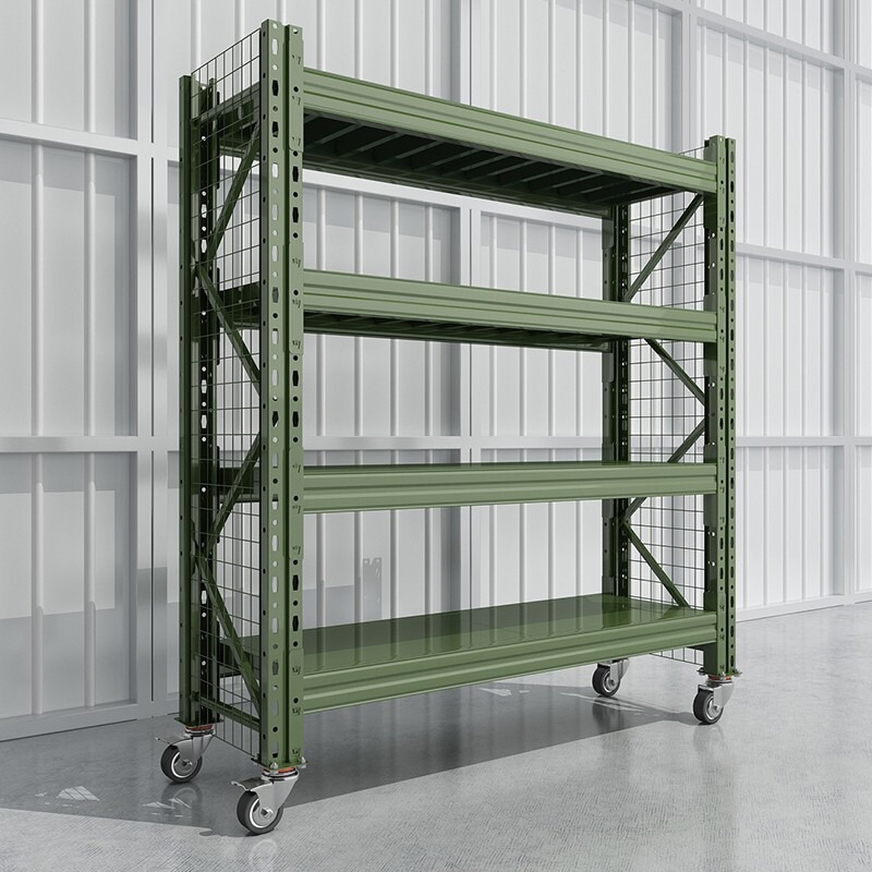 宝友时 仓储货架置物架带侧板移动货架储物架仓库均载300KG/层中型军绿色四层主架