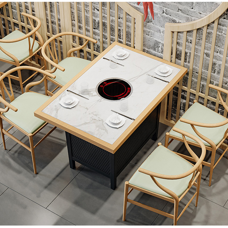 东莞迪佳大理石实木火锅桌商用无烟净化设备电磁炉烤刷一体餐桌椅组合