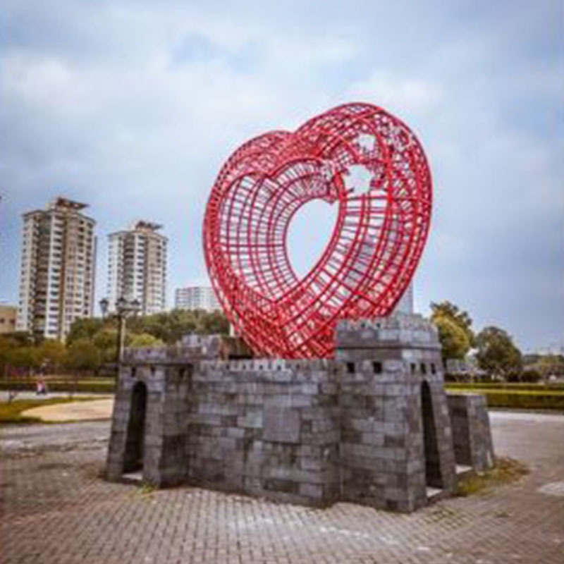 抽象心形不锈钢雕塑 编织心形雕塑 红色雕塑 铁艺摆件 广场装饰摆件