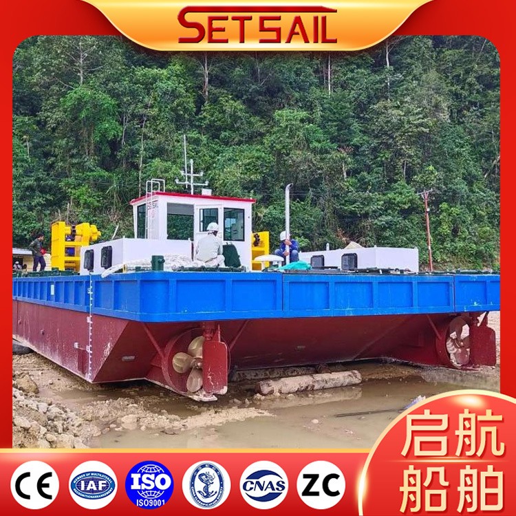 启航疏浚挖泥设备种类  QHW-300型挖机平台船  工程服务船 大型选矿平台出口
