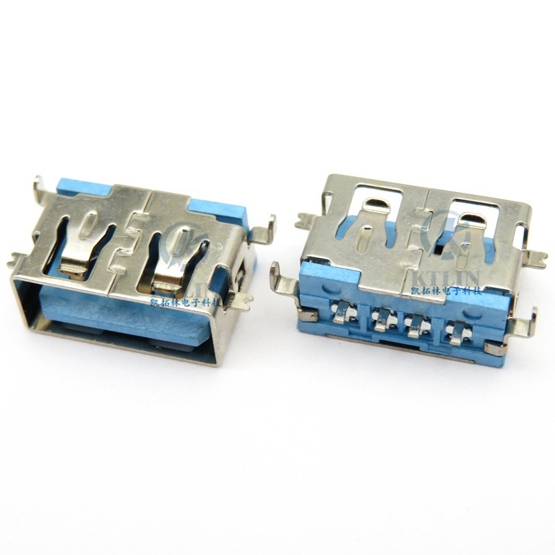 蓝胶芯 4pin 2.0 USB母座 沉板1.9mm 前贴后插 SMT 直边 短体 4p母座