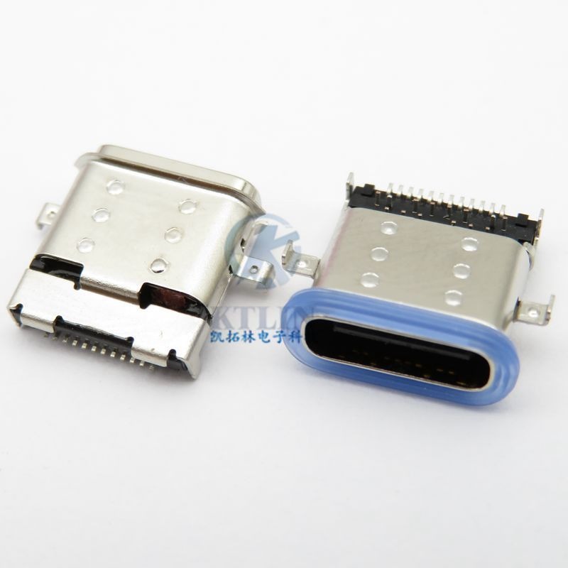 TYPEC 24pin USB母座 沉板 舌片外露 双排贴片 双耳带孔洞 双外壳 24p 连接器