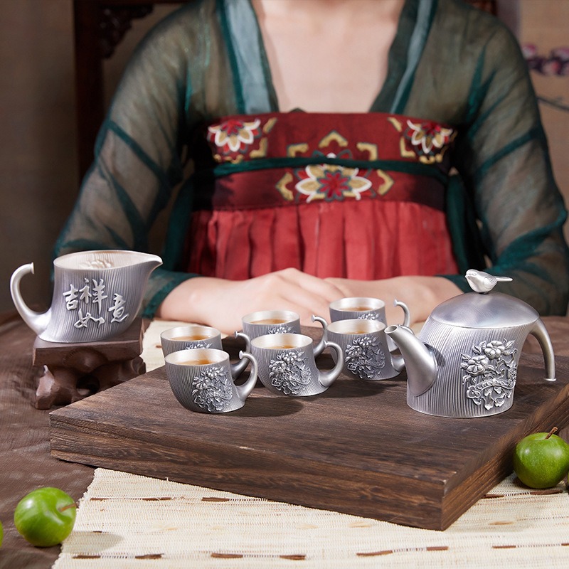吉祥如意 999银质茶具套装 高端功夫茶杯家用茶器盖碗图片