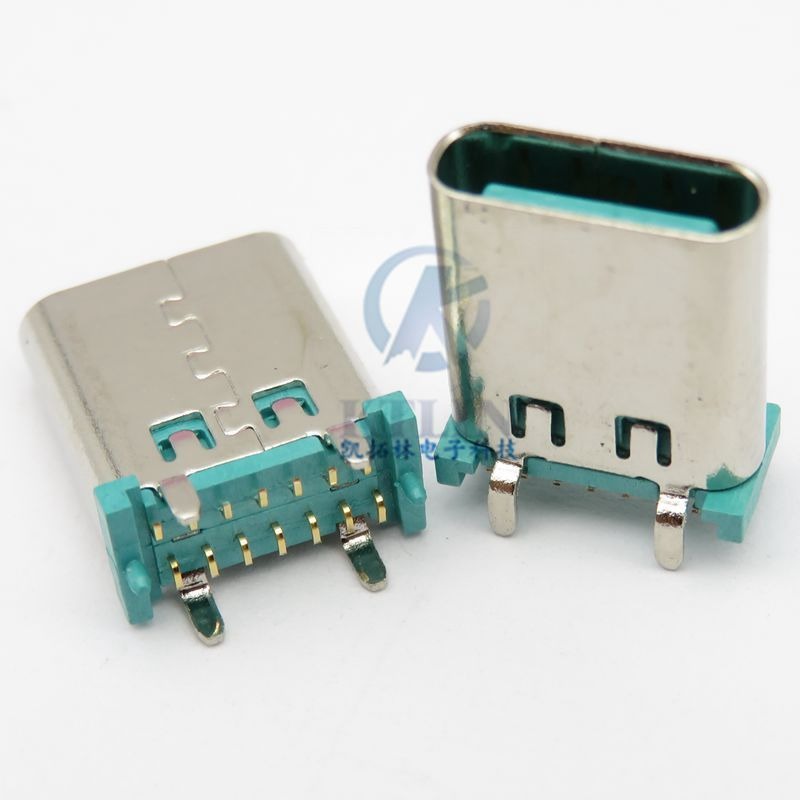 USB母座typec 立贴 180度 四脚直插 带柱 绿胶芯 14pin连接器 带弹片