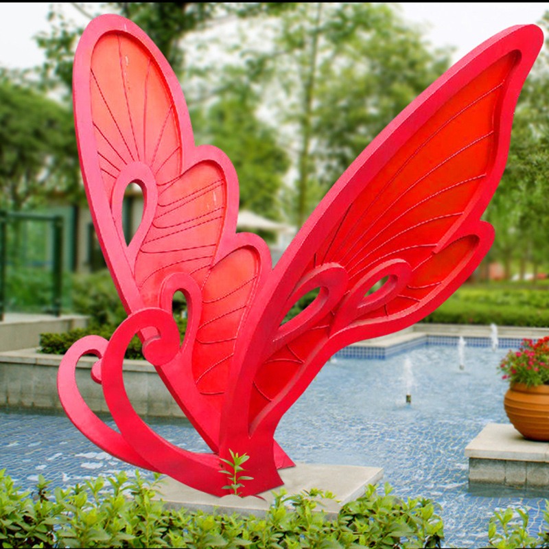 蝴蝶不锈钢雕塑 彩绘蝴蝶雕塑 公园水景摆件 城市户外景观小品