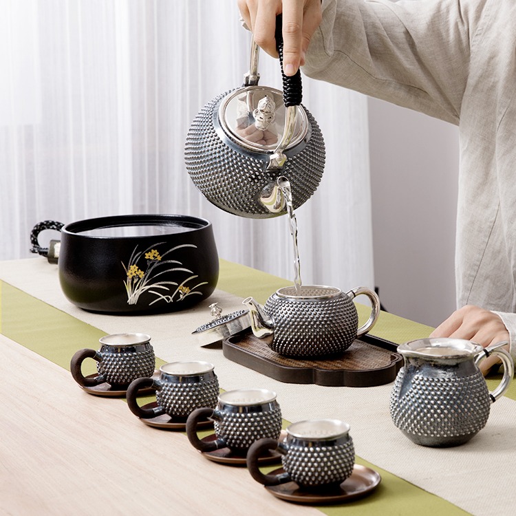 纯银银壶 千足银9999烧水壶 纯手工一张打煮茶壶家用银茶壶茶具图片