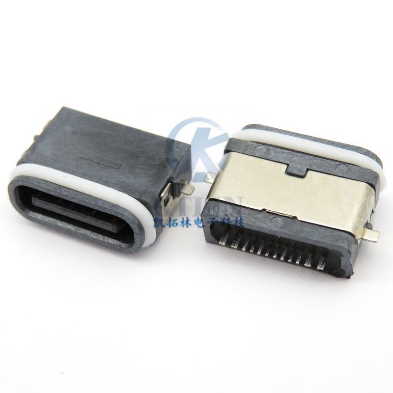 Typec 16p USB 3.1母座 卧式 沉板1.2/1.6mm 二脚全贴 带防水胶圈 16pin 全塑 母座