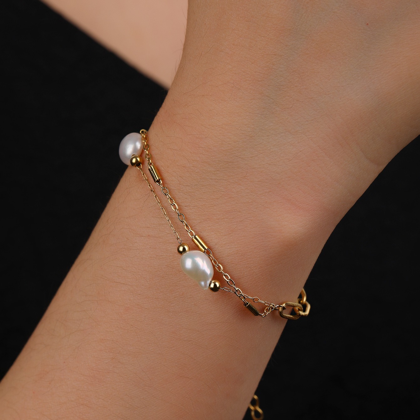 欧美流行时尚简约人工珍珠双链拼接手链